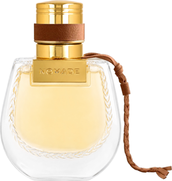 Chloé Nomade Jasmin Naturel Intense, złota butelka perfum z brązowym paskiem i rzemykiem, widok z przodu.