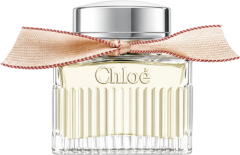 Chloé Lumineuse woda perfumowana w prostokątnej, szklanej butelce z żeberkami, srebrną nakrętką i różową wstążką.