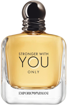 Męska woda toaletowa Giorgio Armani Stronger With You Only, bursztynowa butelka z metalowym korkiem, widok z przodu.