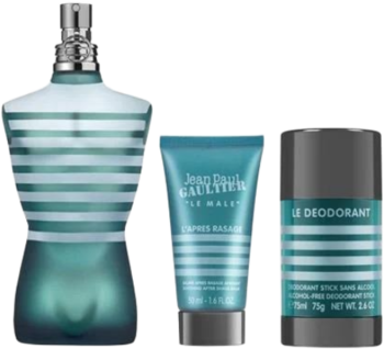 Zestaw Jean Paul Gaultier Le Male: flakon perfum w kształcie torsu, balsam i dezodorant w odcieniach morskiej zieleni.