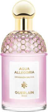 Guerlain Aqua Allegoria Granada Salvia, różowy zapach w butelce z etykietą, złotą nakrętką i dekorem plastra miodu, widok z przodu.