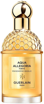 Perfumy Guerlain Aqua Allegoria Forte Mandarine Basilic, złoto-bursztynowa butelka z miodowym wzorem i okrągłą nakrętką. Widok z przodu.