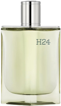 Hermes H24 perfumy męskie, butelka z jasnego szkła z zielonkawo-żółtym płynem i srebrną zakrętką, widok z przodu.