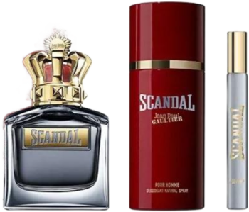Zestaw Scandal Pour Homme: duża butelka perfum z koroną, czerwony dezodorant i mała woda toaletowa.