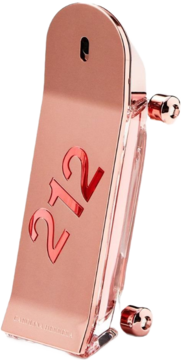 Flakon perfum Carolina Herrera 212 Heroes Forever Young w kolorze różowego złota, z czerwonym napisem 212, widok z przodu.