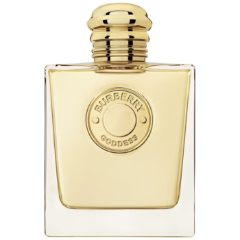Burberry Goddess woda perfumowana w kwadratowej butelce z bursztynowym płynem i złotym medalionem, widok z przodu.