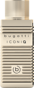 Butelka Bugatti Iconiq Gold, woda toaletowa, beżowo-złota z poziomymi żłobieniami i metalową, teksturowaną nakrętką, z przodu.