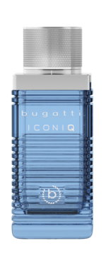 Butelka Bugatti ICONIQ Blue EDT, 2024, dla mężczyzn, błękitna z żeberkami, srebrna nakrętka, widok z przodu.