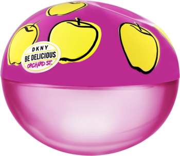 DKNY Be Delicious Orchard Street woda perfumowana, sferyczna butelka w odcieniach różu z żółtymi jabłkami, widok z przodu.