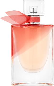 La Vie est Belle en Rose, Lancôme. Różowo-brzoskwiniowa woda toaletowa w szklanej butelce, z czerwoną wstążką.