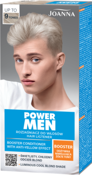 Joanna Power Men rozjaśniacz do włosów w pudełku, chłodny blond, z modelem, niweluje żółte tony.