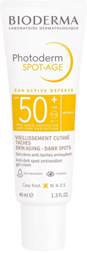 Biała tuba Bioderma Photoderm Spot-Age SPF 50+, antyoksydacyjny krem-żel na przebarwienia i zmarszczki, widok z przodu.