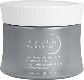 Bioderma Pigmentbio Night Renewer, rozjaśniający krem na noc w szarym słoiku z białą nakrętką, widok z przodu.