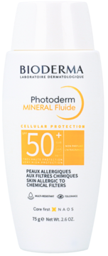 BIODERMA Photoderm MINERAL Fluide SPF 50+ dla alergików, biała butelka 75g, widok z przodu.