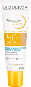 Bioderma Photoderm Crème SPF 50+ Light, biało-żółta tubka, ochrona dla skóry wrażliwej.