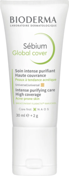 Bioderma Sébium Global Cover, koloryzujący krem do cery trądzikowej, biała tubka z zielonym logo, widok z przodu.