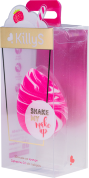 Różowo-biała, marmurkowa gąbeczka do makijażu KillyS Shake My Make Up w przezroczystym opakowaniu, widok z przodu.