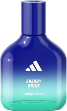 Butelka wegańskiej wody perfumowanej Adidas Vibes Energy Drive z gradientem granatu w turkus, widok z przodu.