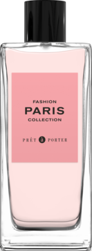 Woda perfumowana Prêt à Porter PARIS. Przezroczysty szklany flakon z różową etykietą i czarną zakrętką, widok z przodu.