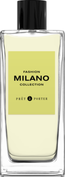 Woda perfumowana Prêt à Porter MILANO w szklanym flakonie z żółtą etykietą i czarnym korkiem, widok z przodu.