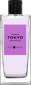 Prêt à Porter TOKYO Fashion Collection woda perfumowana, szklana butelka z liliową etykietą, widok z przodu.