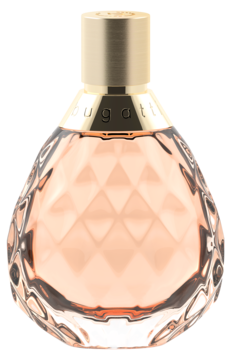 Bugatti Felicità Apricot woda perfumowana, butelka z fasetowanego szkła, morelowy płyn, złoty korek, widok z przodu.