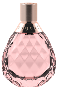 Bugatti Felicità perfumy. Fasetowana, różowa butelka z różowo-złotą zakrętką, widok z przodu.