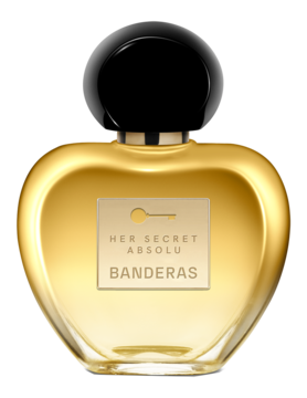 Antonio Banderas Her Secret Absolu, złota woda perfumowana w sercowatym flakonie z czarną nakrętką.