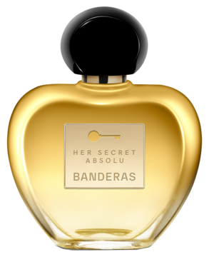 Antonio Banderas Her Secret Absolu, złota sercowata butelka wody perfumowanej z czarną zakrętką, widok z przodu.