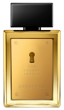 Antonio Banderas The Secret Absolu woda perfumowana dla mężczyzn, złoty flakon z czarnym korkiem i dziurką od klucza.