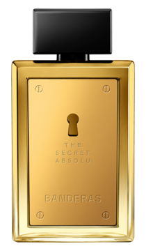 Złoty flakon Antonio Banderas The Secret Absolu EDP, widok z przodu, czarny korek i dziurka od klucza.