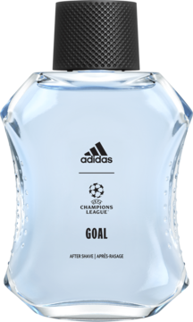 Woda po goleniu Adidas UEFA Champions League Goal w klarownej szklanej butelce z jasnoniebieskim płynem, czarny korek, widok z przodu.