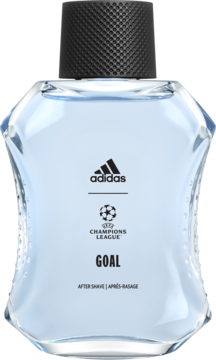 Woda po goleniu adidas UEFA Champions League Goal, profilowana szklana butelka z niebieskim płynem, czarna nakrętka, widok z przodu.