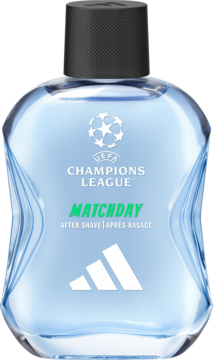 Adidas UEFA Champions League Matchday After Shave, niebieska woda po goleniu w ergonomicznym flakonie z logo.