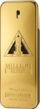 Złoty flakon męskich perfum Paco Rabanne 1 Million Elixir w kształcie sztabki, z napisem 'MILLION ELIXIR' i 100 ml.
