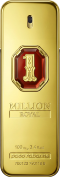 Złoty flakon perfum Paco Rabanne 1 Million Royal w kształcie sztabki, z czerwonym emblematem '1', widok z przodu.