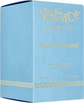 Jasnoniebieskie pudełko perfum Versace Dylan Turquoise EDT, ze złotym napisem i wzorem, widok pod kątem.