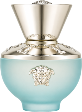 Versace Dylan Turquoise EDT, błękitna, matowa butelka ze złotym korkiem i srebrną Meduzą, widok z przodu.