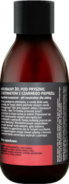 Tył butelki żelu LaQ "Zapach seksu i biznesu" z czarnym pieprzem, ciemnobrązowa z czarno-czerwoną etykietą.