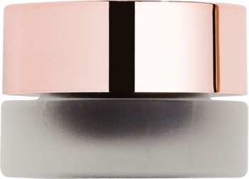 Revolution Gel Eyeliner Pot. Czarny, żelowy eyeliner w małym, matowym słoiczku z metaliczną, różowo-złotą nakrętką, widok z przodu.