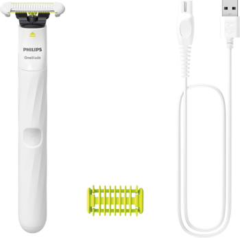 Biała maszynka Philips OneBlade Intimate dla kobiet z zielonym ostrzem SkinProtect, zapasowym i kablem USB.