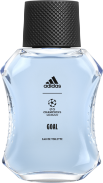Woda toaletowa Adidas UEFA Champions League Goal, szklana butelka z błękitnym płynem i czarną nakrętką, widok z przodu.