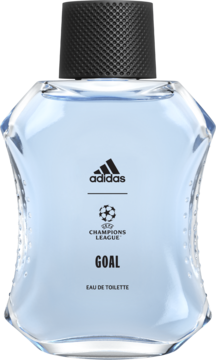 Front view of adidas UEFA Champions League Goal Eau de Toilette, clear bottle with light blue liquid, black cap.