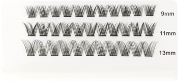 Zestaw czarnych kępek rzęs Donegal Eye Style V-kształtnych, 3 rzędy 9, 11, 13 mm długości, na białym tle.