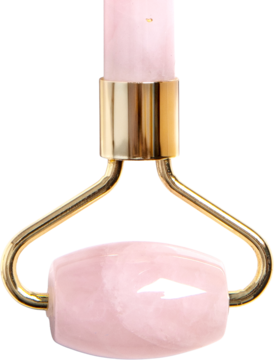 Różowy roller Easy Livin’ z kwarcu do masażu i liftingu twarzy, ze złotą ramką, ujęcie z bliska.