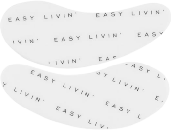 Dwa białe, silikonowe płatki pod oczy Easy Eye Pads z napisem 'EASY LIVIN'', widok z przodu na czarnym tle.