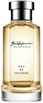 Baldessarini Eau de Cologne w eleganckiej szklanej butelce, bursztynowy płyn, srebrna zakrętka, widok z przodu.