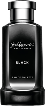 Czarna butelka perfum Baldessarini Black Eau de Toilette dla mężczyzn, widok z przodu, z metalową zakrętką.