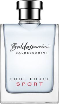 Baldessarini Cool Force Sport woda toaletowa męska w przezroczystej butelce z niebieskawym płynem i srebrną nakrętką, widok z przodu.