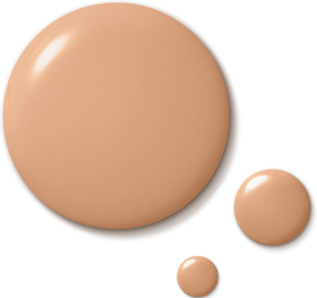 Trzy beżowe krople płynnego podkładu Max Factor Miracle Pure 2 w 1 Skin Reset na ciemnym tle, różne rozmiary.